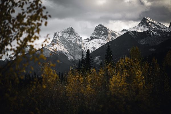 Snow dusted jagged peaks under heavy cloud, seen through blurred orange autumn branches.